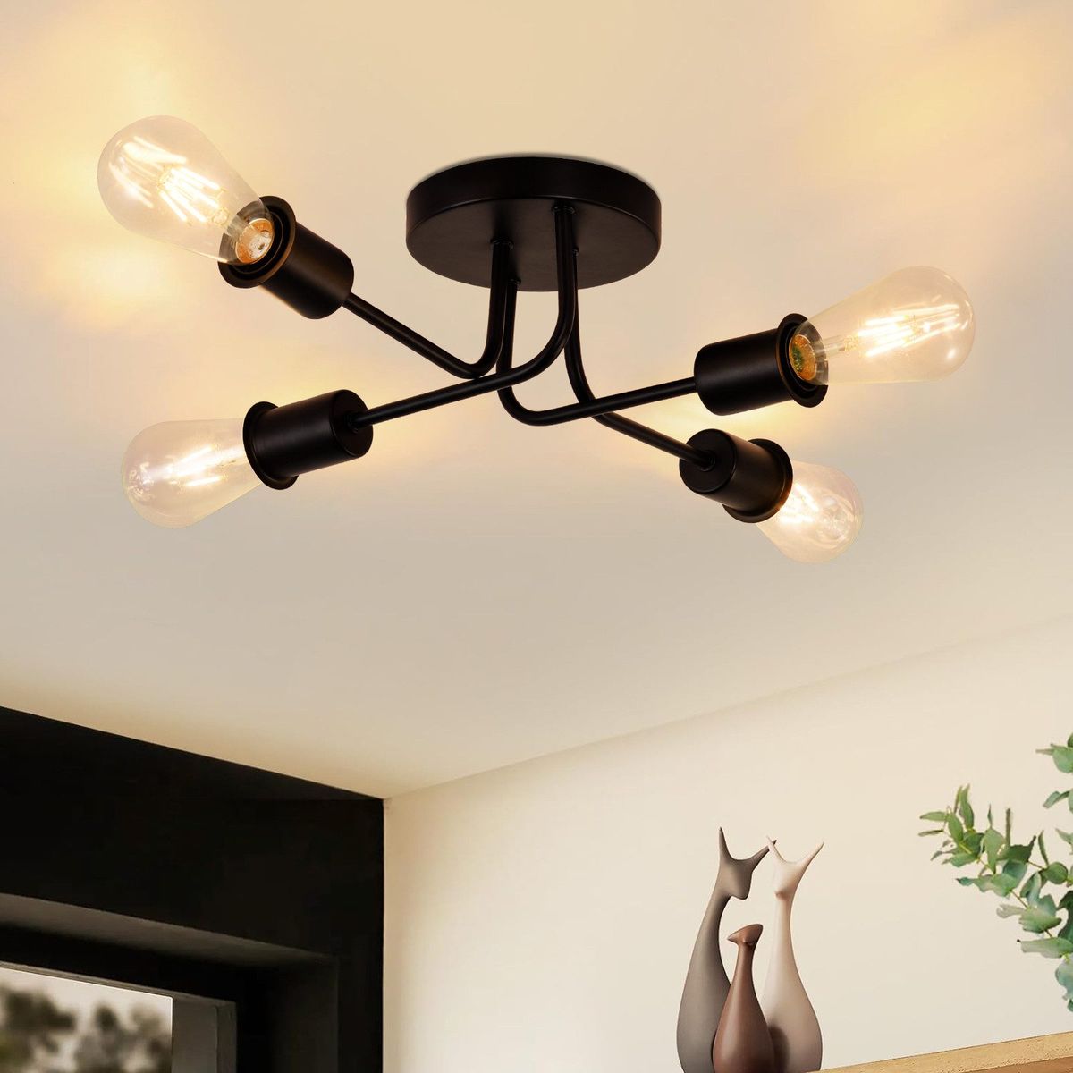 Glitzerlife Deckenleuchte Vintage Deckenlampe Schwarz - Retro 4 Flammig Wohnzimmerlampe Industrial E27 Für Wohnzimmer Schlafzimmer Esszimmer Rustikaler Stil_voghion.com
