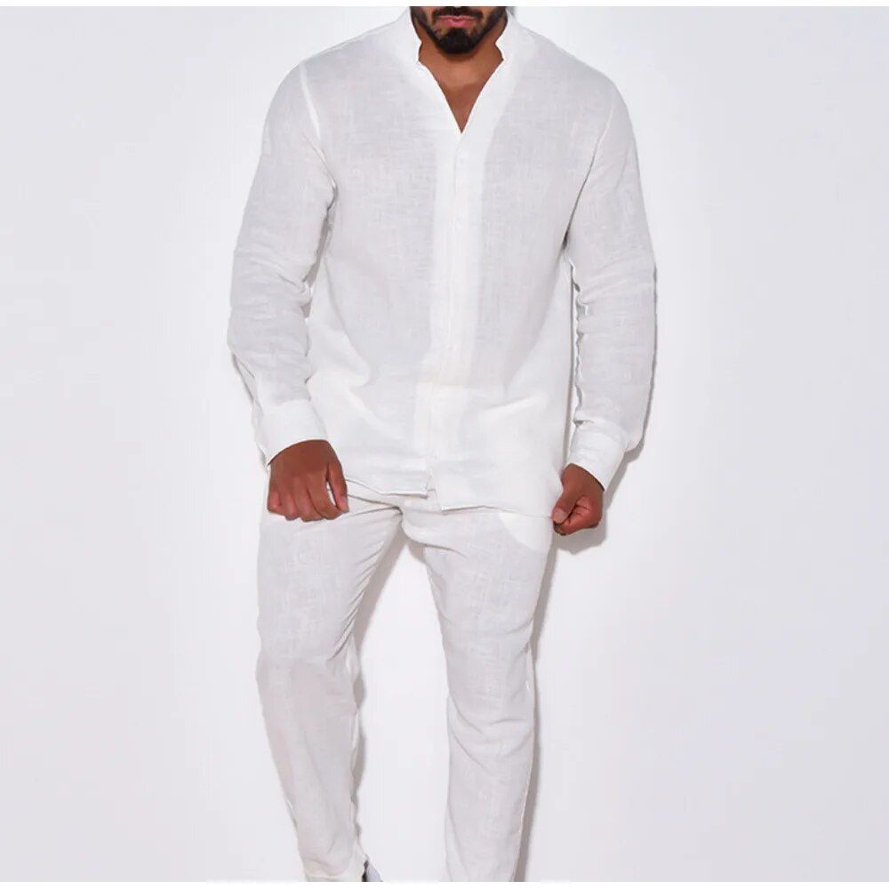 Herbst-Freizeitset aus Leinen für Herren, langärmlige einteilige Arbeitshose, neues zweiteiliges Set für Herren_voghion.com