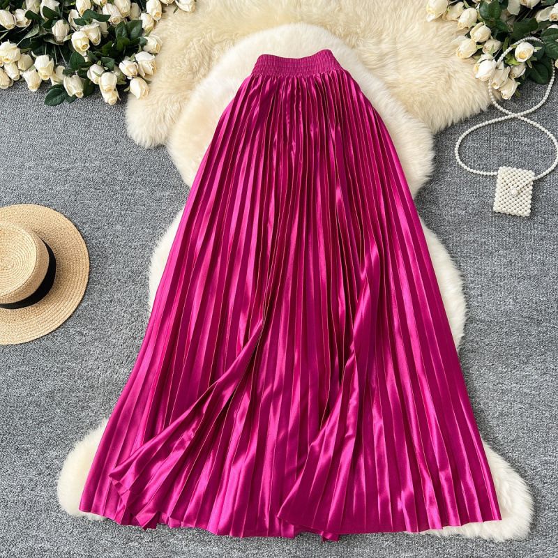 Gonna a pieghe metallizzata di alta qualità per abbigliamento femminile, stili autunnali e invernali, gonna elegante a trapezio con elastico in vita, lunghezza media_voghion.com