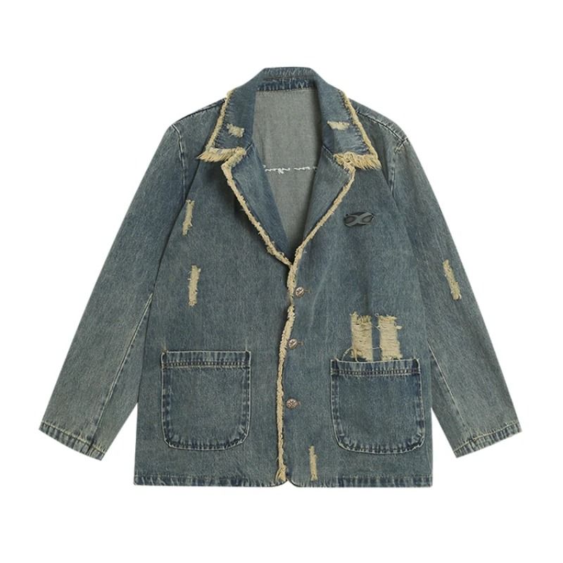 Herbst Winter Streetwear Langarm Kerb Demin Blazer Frauen Oversize Distressed Damen Anzug Blazer Weibliche Cowboy Mantel_voghion.com