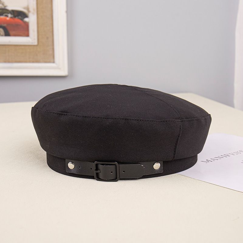 Beretă nouă cu vârf plat pentru femei, șapcă militară din bumbac, pălărie de pictor cu cataramă de curea, culoare solidă, primăvara și toamna_voghion.com