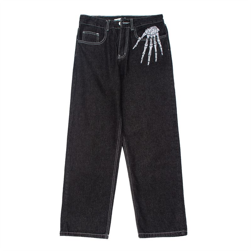 Jean brodé à cadre foncé pour hommes, pantalon baggy à jambes larges, de marque à la mode, tendance, décontracté, à jambes droites_voghion.com