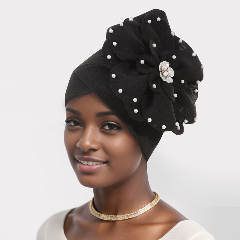 Sombrero estilo jersey para mujer, estilo retro, con tachuelas, perlas, flores grandes, color liso, estilo baotou, étnico, africano._voghion.com