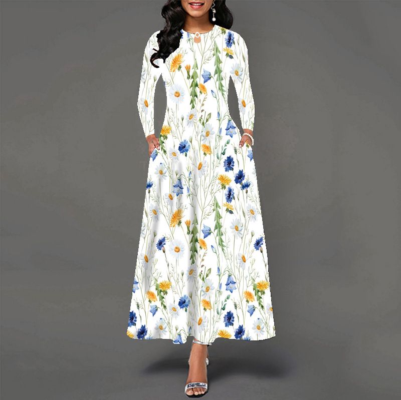 Women's Clothing Dress Women's Loose Long Sleeved Dress High Waist Large Size Pocket V Neck Long Dress Women_voghion.com