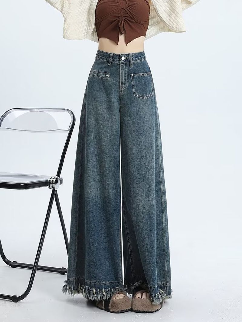 Micro Jeans für kleine Statur, neue Herbst-High-Waist-Jeans, schlankmachender amerikanischer Stil, Nische, lockere Schlaghose mit Fransen für Damen_voghion.com