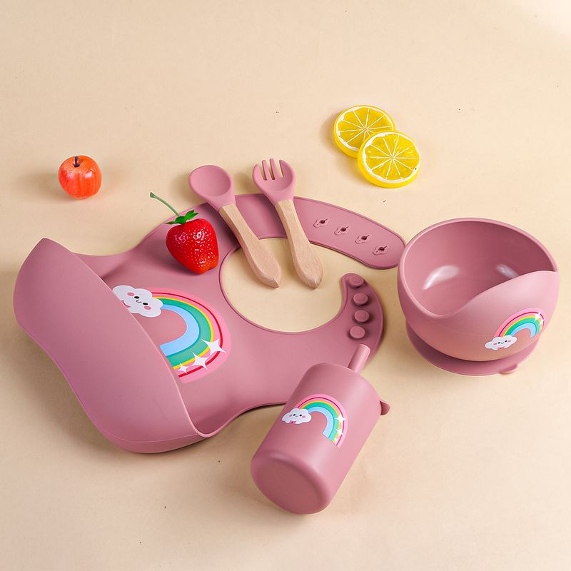 Juego de 5 piezas de cuencos de silicona para comida de bebé, babero, tenedor y cuchara, bandeja de alimentación para bebé, juego de cuencos con bisfenol A, regalo gratuito para bebé_voghion.com