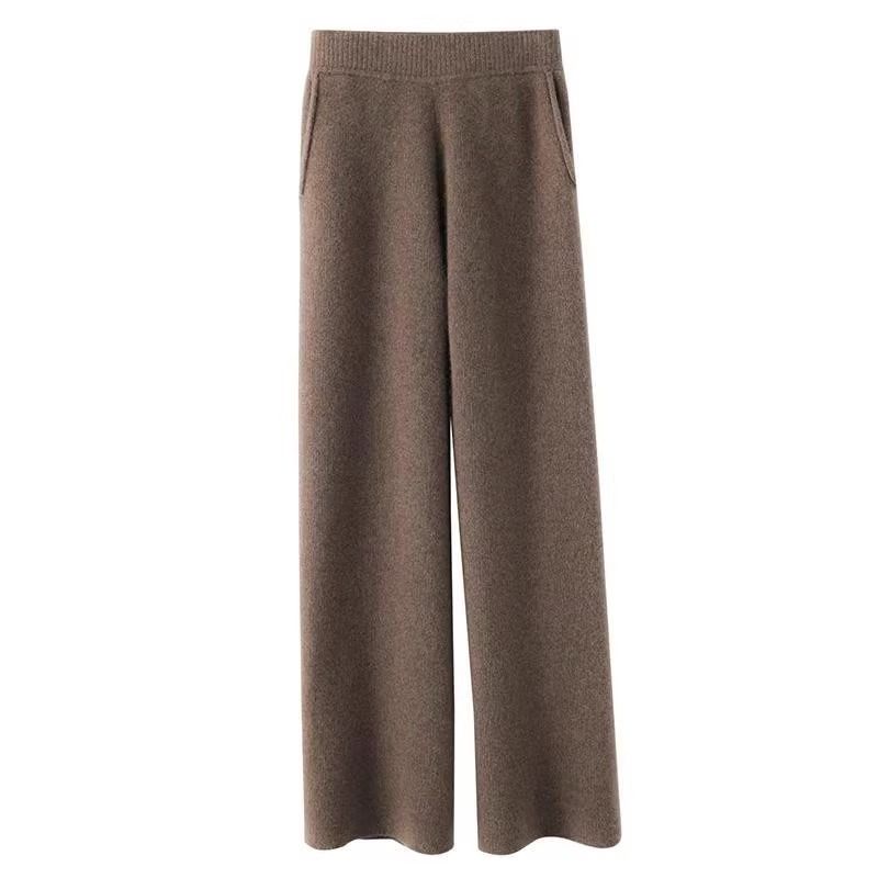 Roupas femininas Outono e inverno lã malha solta slim casual calças retas calças femininas perna larga calças femininas esfregando calças tamanho pequeno com bolsos_voghion.com