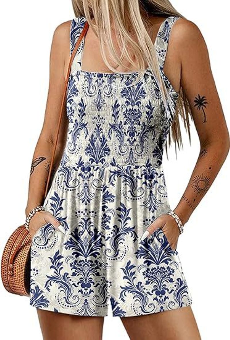 Vêtements d'été pour femmes, combinaison plissée décontractée, col carré, sans manches, short ample, vêtements de plage_voghion.com