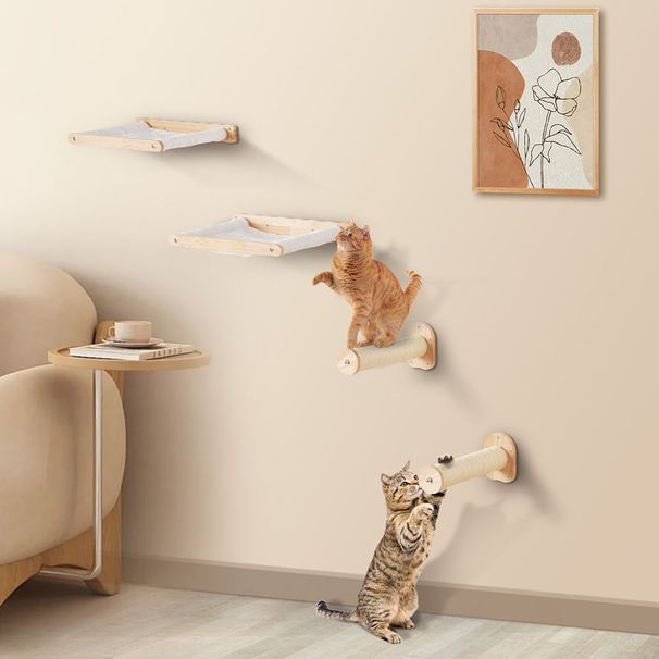 Wall Mounted Cat Shelves With 2 Jumping Posts & 2 Hammocks Up To 40 Lbs_voghion.com