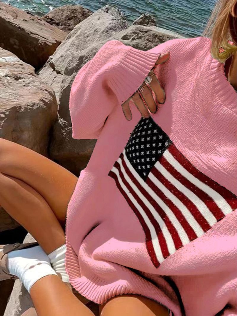 Pull ample à col rond et motif drapeau étoilé, style rétro américain_voghion.com