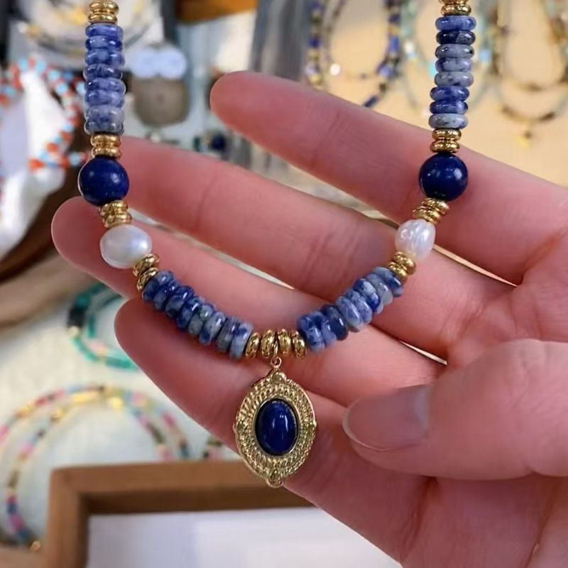 Freshwater Pearl Retro Lapis Lazuli Pendant Necklace Does Not Fade Temperament Natural Stone High-end Neck Chain Women_voghion.com
