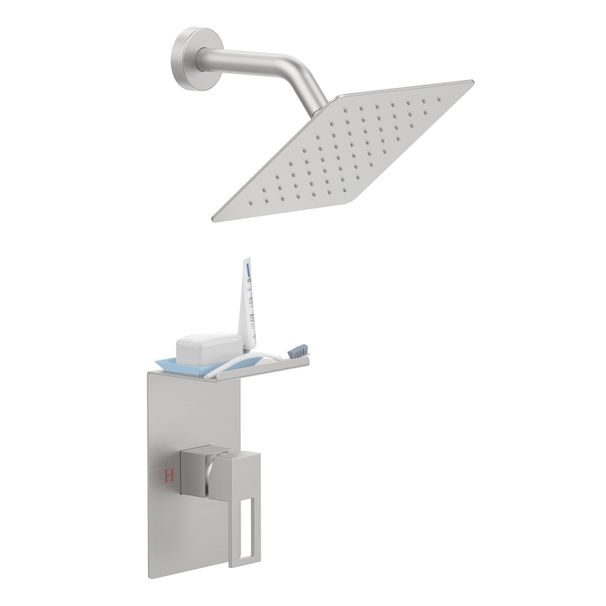 Shower Faucet With Storage Rack 8-inch Rain Shower Head Shower Decoration Kit With Single Spray Shower Head Shower Faucet Set Complete Brushed Nickel_voghion.com