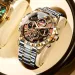 Montre à quartz pour homme, en acier inoxydable, multifonctionnelle, avec phases de lune, étoiles lumineuses, étanche, dorée._voghion.com