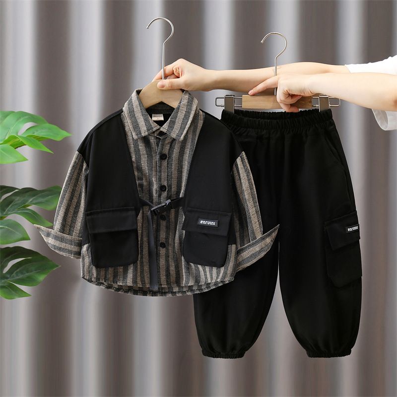 Ensemble chemise rayée pour garçon | Tenue décontractée 2 pièces | Haut à manches longues et pantalon en coton doux | Imprimé dessin animé style coréen_voghion.com