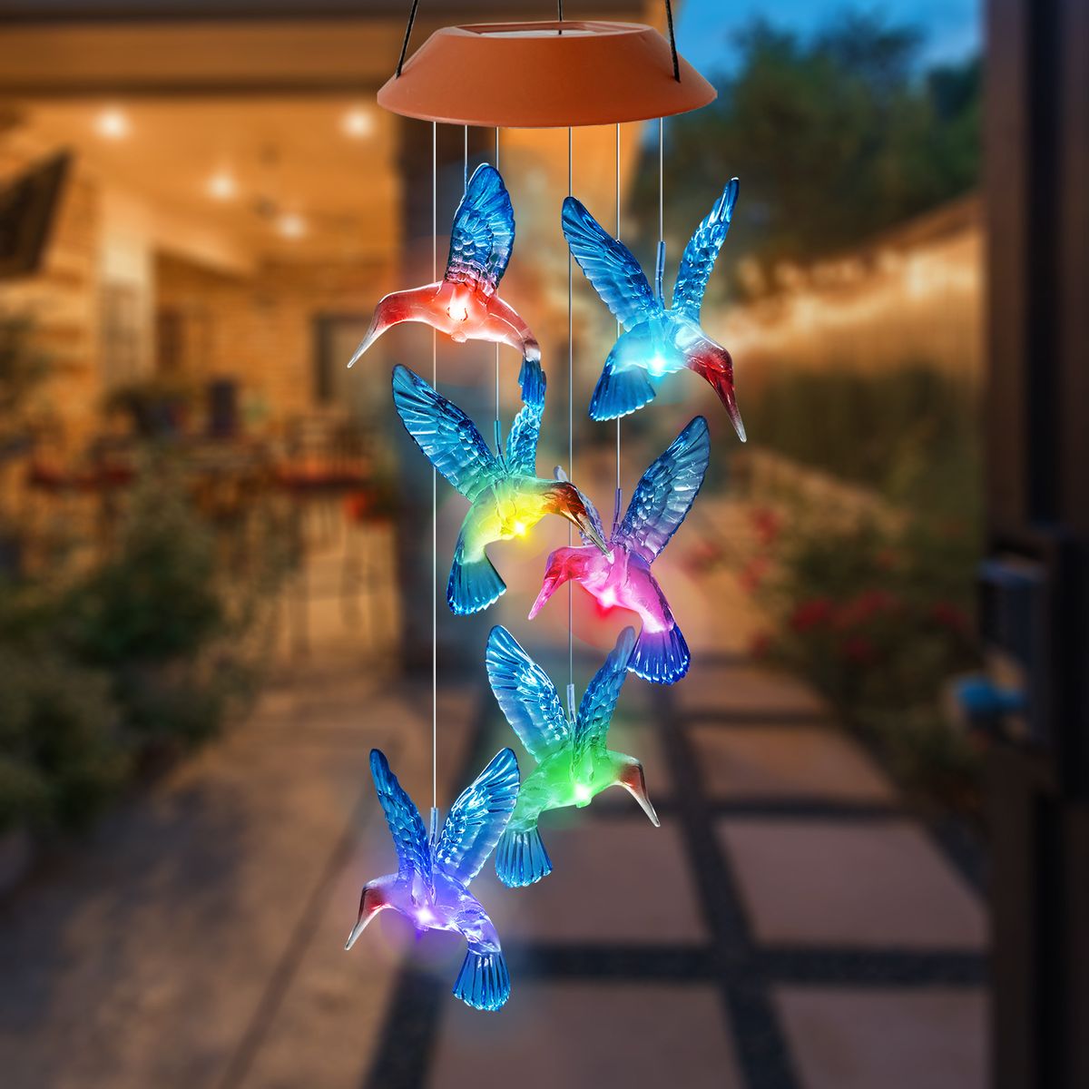 New Outdoor Solar Wind Chime Light LED Colorful Gradient Hummingbird Red Shell Blue Bird_voghion.com