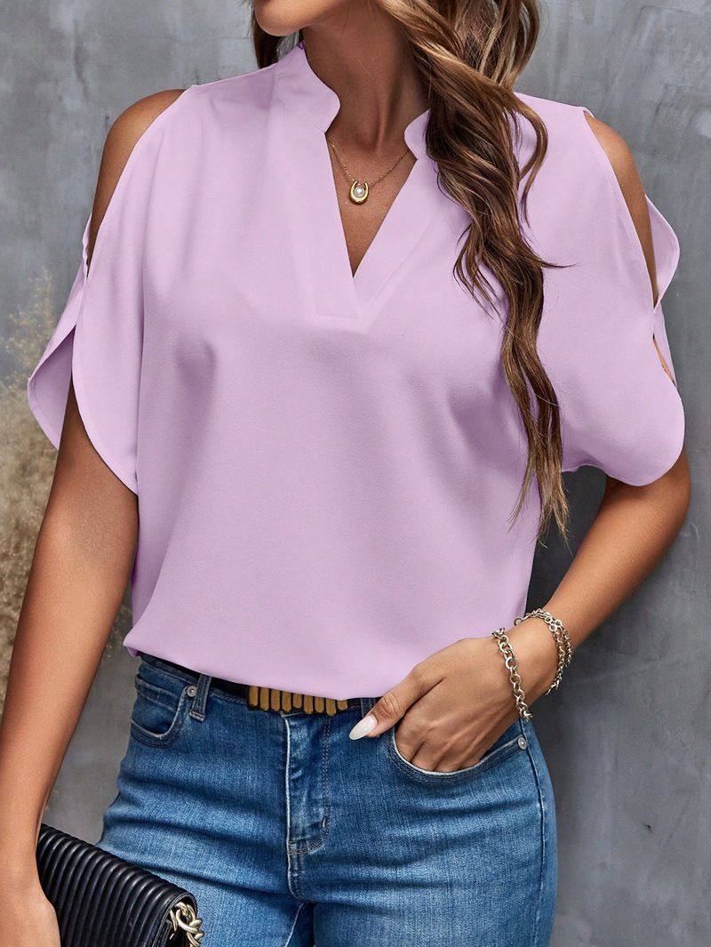 2024 Summer New Solid Color V-neck Style Fashion Off Shoulder Sleeves Women's Top_voghion.com