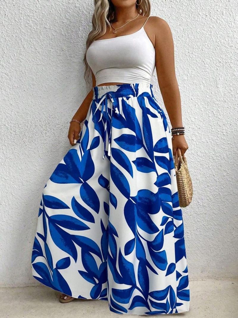 Pantaloni larghi da donna di grandi dimensioni con stampa di piume bohémien, a vita alta_voghion.com