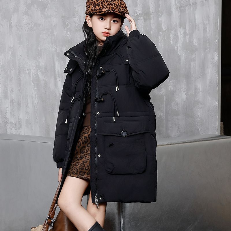 Dziewczęca długa kurtka puchowa – kurtka z puchu kaczego premium z odpinanym kapturem (biało-fioletowo-różowo-czarna, rozmiary 120-160 cm, miękki poliester, zapięcie na guziki)_voghion.com