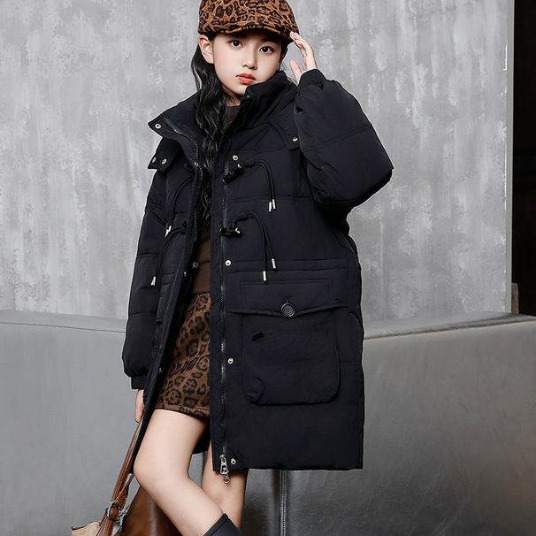 Dziewczęca długa kurtka puchowa – kurtka z puchu kaczego premium z odpinanym kapturem (biało-fioletowo-różowo-czarna, rozmiary 120-160 cm, miękki poliester, zapięcie na guziki)_voghion.com