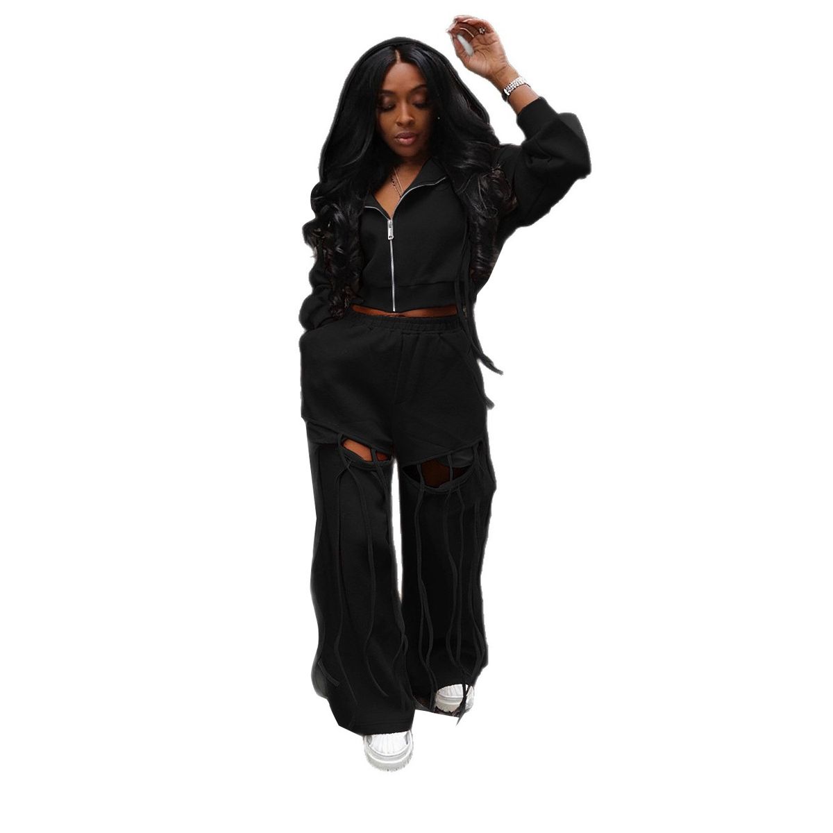 Women's Hooded Zip-Up Sweatshirt & Wide-Leg Pants Set - Edgy Distressed Two-Piece Outfit For Casual & Commute_voghion.com