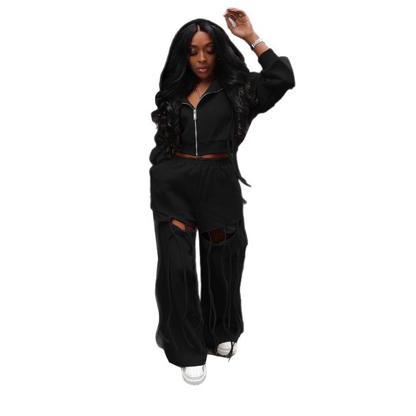 Women's Hooded Zip-Up Sweatshirt & Wide-Leg Pants Set - Edgy Distressed Two-Piece Outfit For Casual & Commute_voghion.com