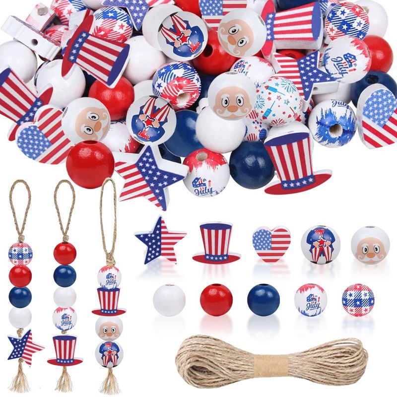 180 Pcs 4th Of July Wooden Beads America Stars Heart Shape Spacer Beads Blue Red White Farmhouse Polished Round Beads Patriotic Independence Day Craft Beads For DIY Bracelet Making Garland Decor_voghion.com