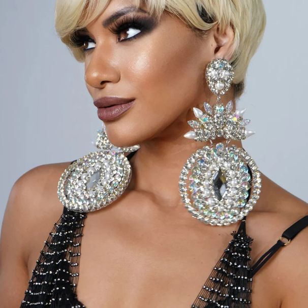 Orecchini geometrici unici con pendenti in strass esagerati, accessori per spettacoli teatrali per donne_voghion.com