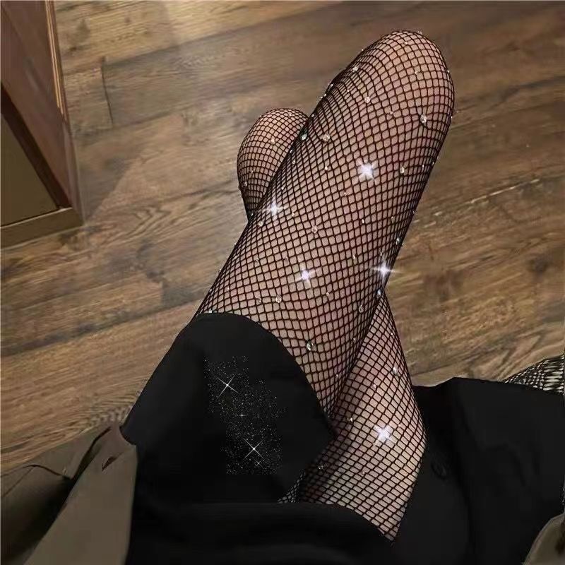 Sparkling Diamond Bling-Bling With Rhinestones Sexy Sweet Spicy Girl Thin White Anti-Snag Shiny Black Stockings_voghion.com
