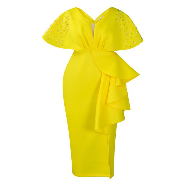 Women's Clothing Plus size Summer Sexy V Neck Ruffled Slit Beaded Evening Dress Celebrity Temperament Banquet Dress_voghion.com