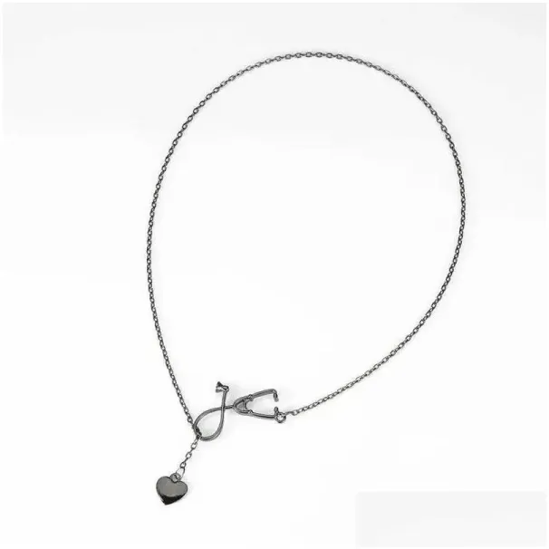 Pendant Necklaces Sumeng 2024 New Stethoscope Necklace Lariat Heart Rose Gold Black Nurse Medical Necklaceq Drop_voghion.com