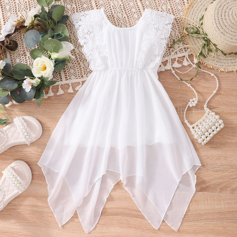 Vêtements pour enfants, robe jupe irrégulière en dentelle sans manches pour enfants de petite et moyenne taille_voghion.com