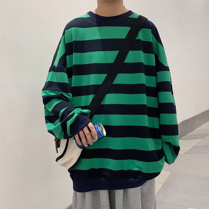 Spring and Autumn round neck striped sweatshirt men's loose long-sleeved T-shirt Korean style trendy versatile pullover coat couple tops trendy_voghion.com