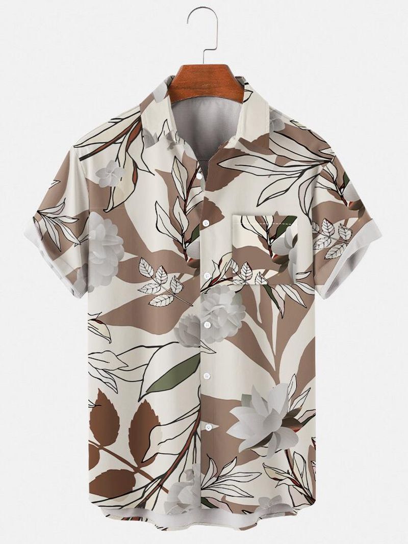 Herren Hawaiian Pflanzendruck Hemden Urlaub Vintage Blatt Mode Sommer Button Shirt Strand Casual Revers_voghion.com
