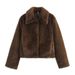 Women's Faux Fur Coat Winter Short Jacket With Lapel Collar, Elegant Dark Brown Outerwear For Street Style & Casual Wear"_voghion.com