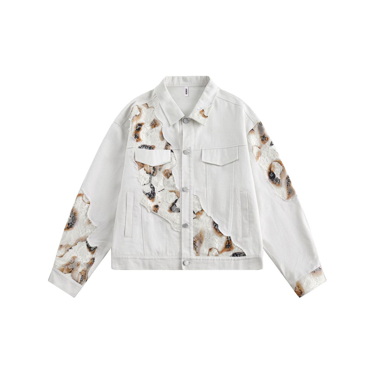 Männerkleeder 2024 Fréijoer Nei Burnt Flower Spice Splicing Lapel Denim Jacket Männer Blummen Splicing Koppel Tops_voghion.com