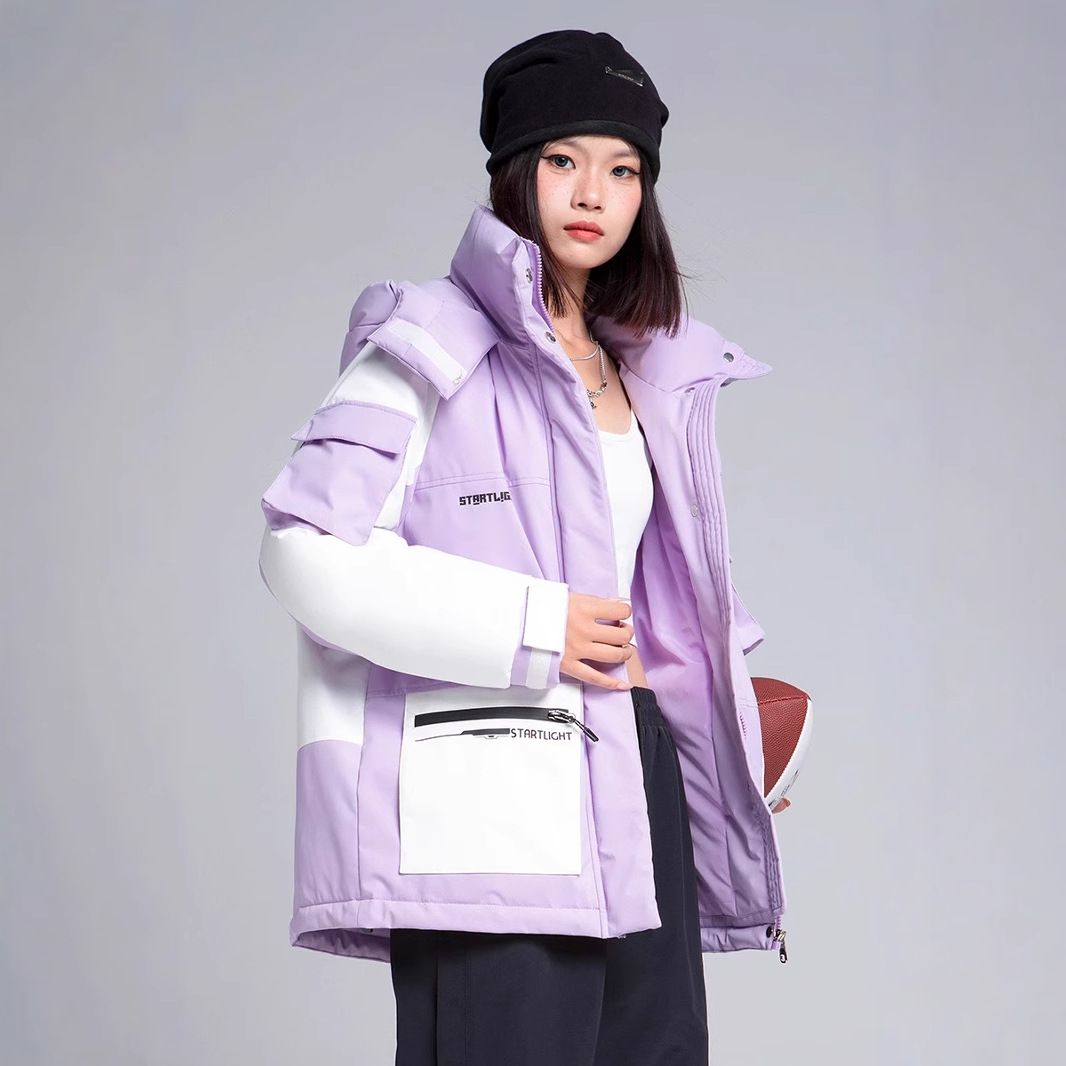 Herrenbekleidung Unisex Verdickte Baumwolljacke Wintermantel mit mehreren Taschen Arbeitskleidungsstil Koreanische Mode Kapuzenparka (Schwarz, Lila)_voghion.com