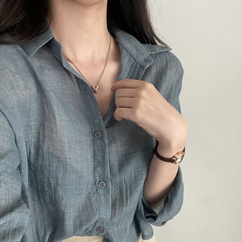 2024 Camicia da donna con protezione solare corta e ampia a maniche lunghe, minimalista coreana, tinta unita, monopetto, con risvolto e plissettata_voghion.com