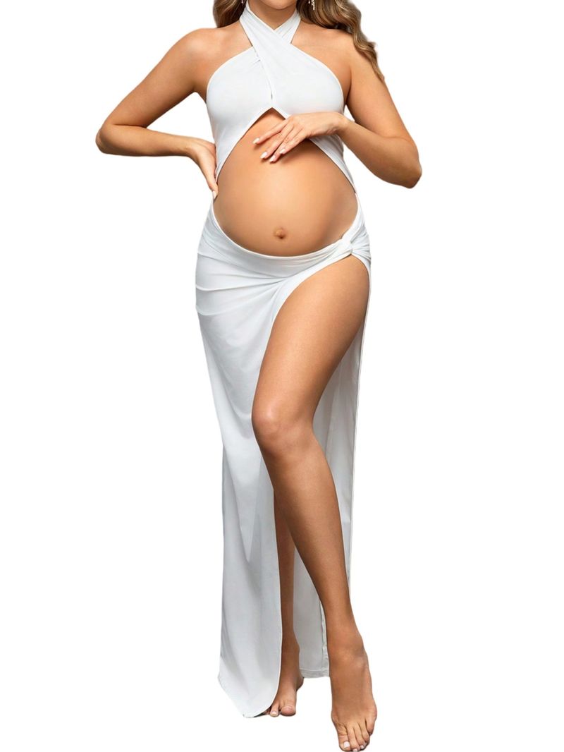 Women's Clothing Slim Pregnant Mopping Cross Collar Slit Sexy Hollow Navel Exposed Solid Color Slim Dress_voghion.com