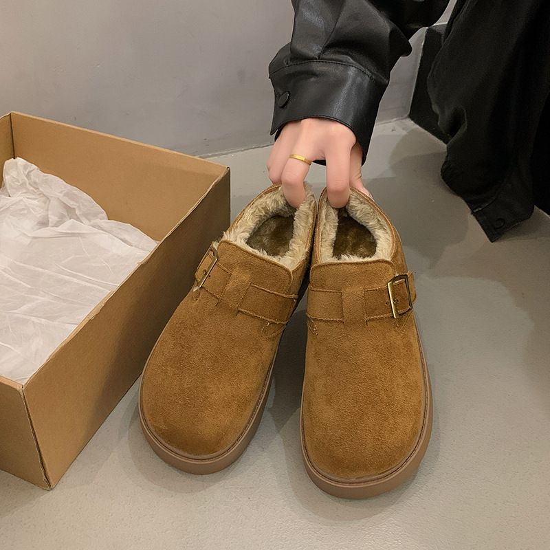 Women's Chunky Platform Birkenstock-Style Loafers With Faux Fur Lining - Warm Slip-On Shoes For Fall Winter Spring_voghion.com