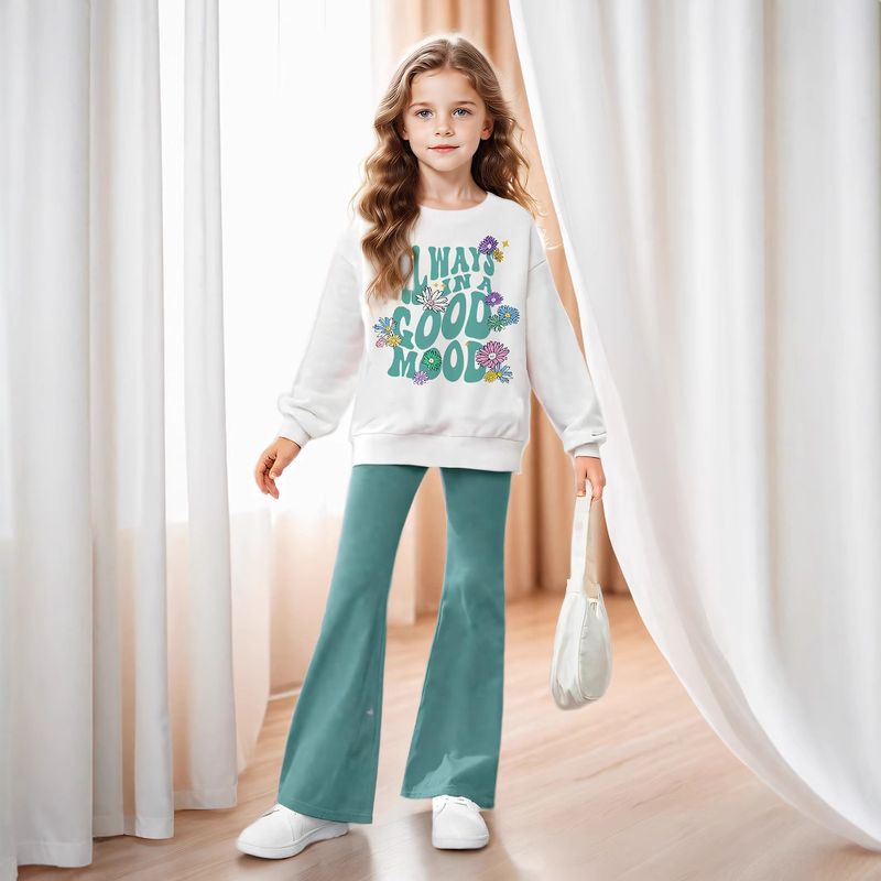 Conjunto de duas peças para meninas, INS, com estampa floral e slogan, blusa de ombros caídos e calças boca de sino_voghion.com