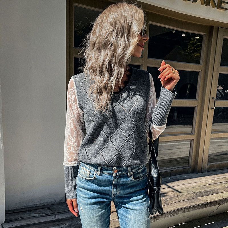 Abbigliamento donna stazione indipendente autunno e inverno nuovo maglione a maniche lunghe in pizzo con cuciture da donna_voghion.com