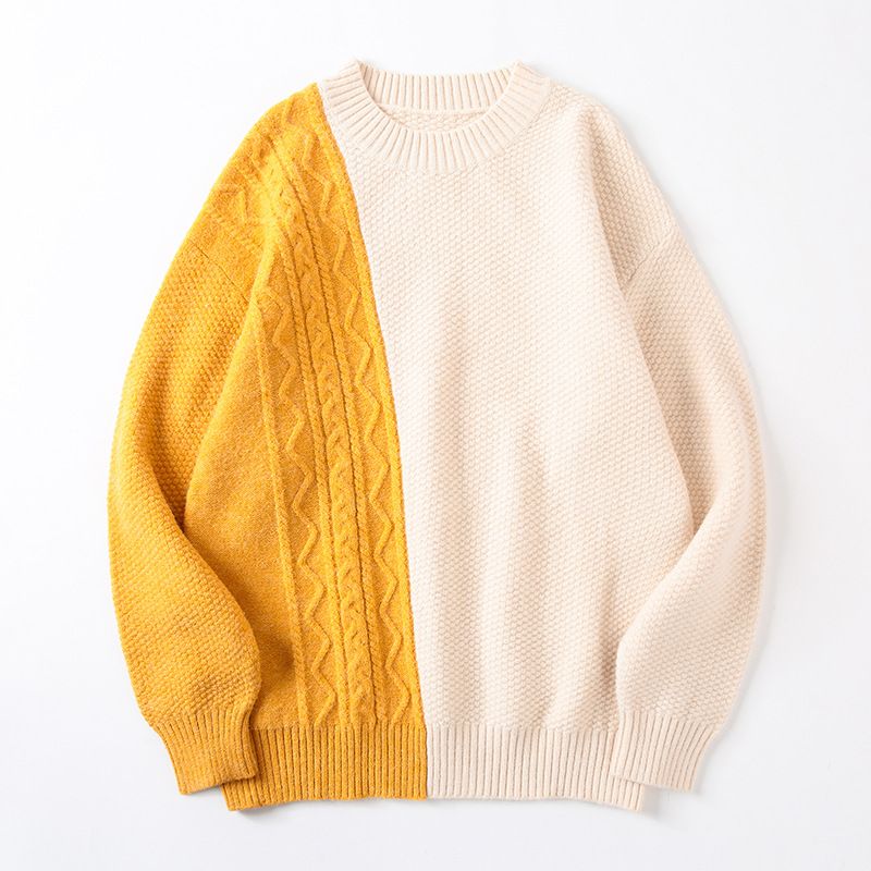Pull en maille à col rond et blocs de couleurs pour homme, collection printemps-automne, coupe ample et tendance, maille torsadée originale._voghion.com