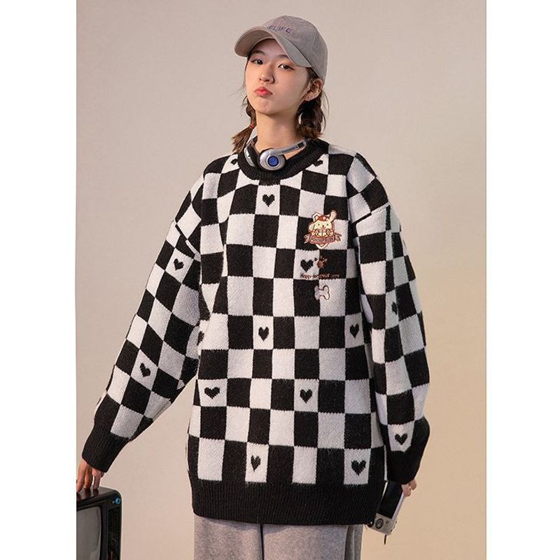 Pull brodé Yuguigou pour femme, style doux, ample et tendance, haut en tricot pour étudiant, col rond pour couple,_voghion.com