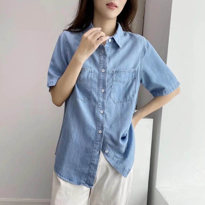 Camicia estiva in tencel blu, sottile in denim, con protezione solare_voghion.com