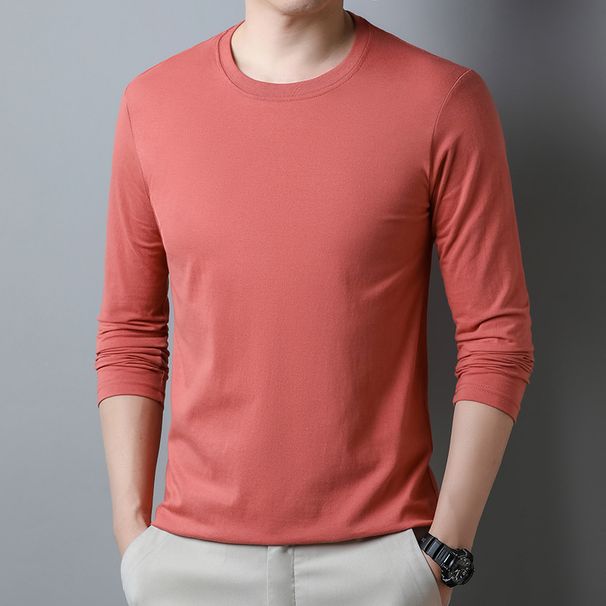 Men's T-Shirt 100% Combed Cotton Spring And Autumn New Long Sleeved Solid Color Hoodie Round Neck Pullover Fashionable_voghion.com