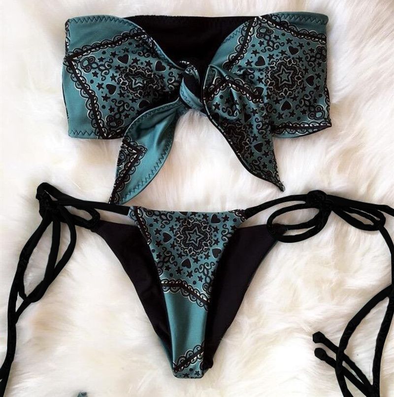 Retro-bedruckter Bikini-Brust-Knoten-Badeanzug für Damen, Riemchen-Badeanzug-Bikini_voghion.com