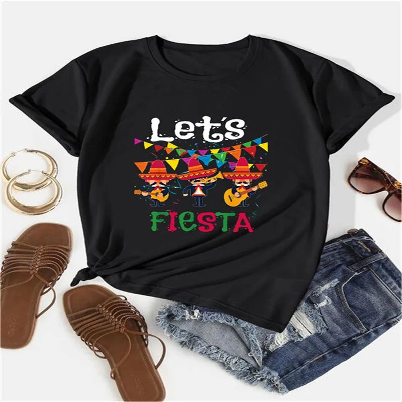 2024 Neues T-Shirt „Let’s Mexikanisches Fiesta Cinco De Mayo Party“, bunte Gitarre, lustiges Geschenk, bedruckt, Damen, Rundhalsausschnitt, Sommer._voghion.com