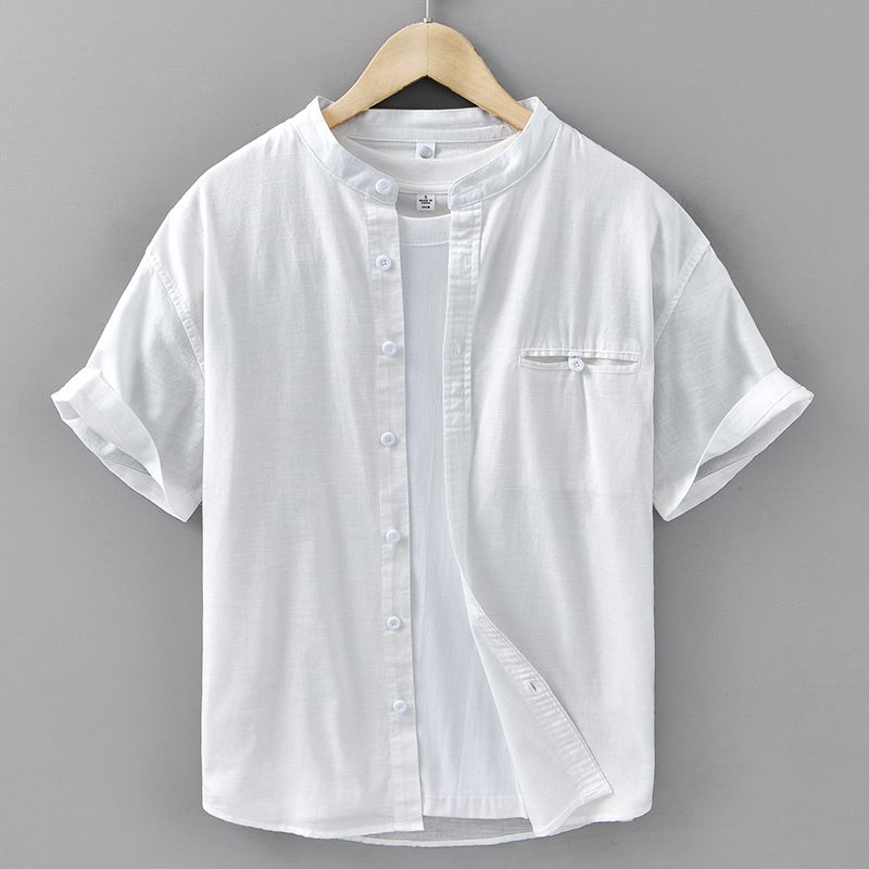 Chemise en lin à manches courtes pour homme, ample, style chinois, été, coton et lin, couleur unie, simple, col montant_voghion.com