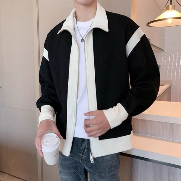 Chaqueta de sarga holgada para hombre, con diseño único y colores contrastantes, ideal para primavera y otoño._voghion.com