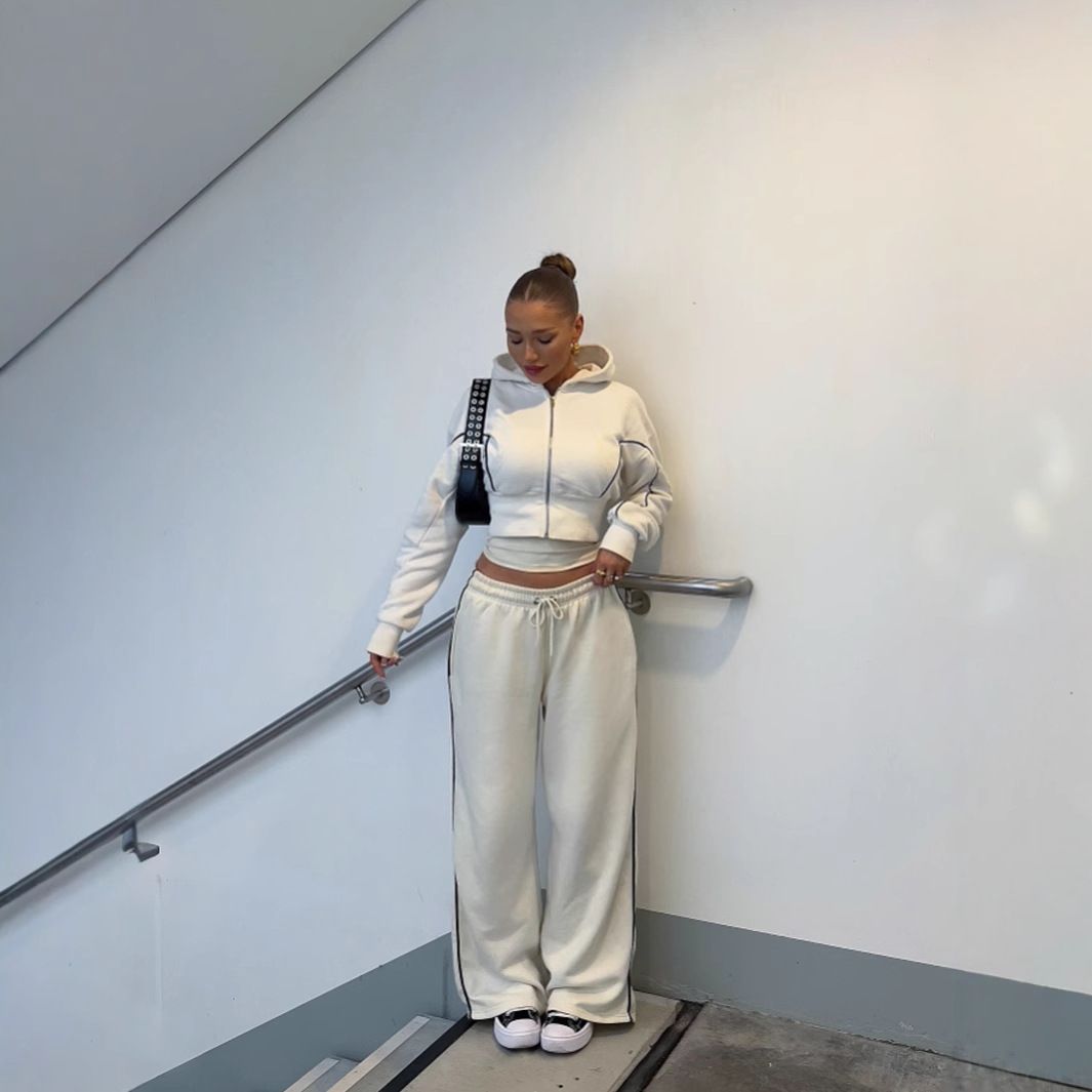 Damenbekleidung Damen-Set mit langärmligem Kapuzenpullover und Jogginghose – kurzes, lässiges zweiteiliges Outfit_voghion.com